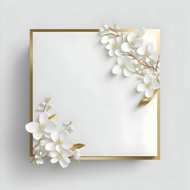 White empty card with golden borders and white flowers on sides