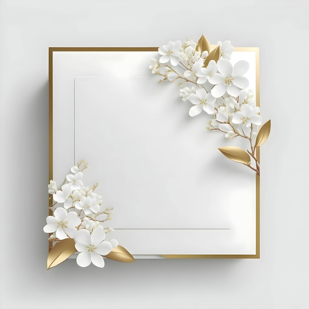 White empty card with golden borders and white flowers on sides