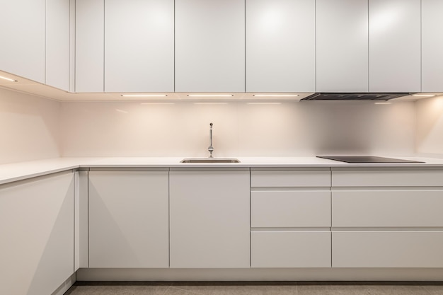 White empty classic kitchen in front view in new or refurbished apartment