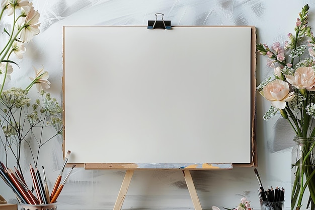 White empty clipboard on a table with a plants Concept of productivity and focus