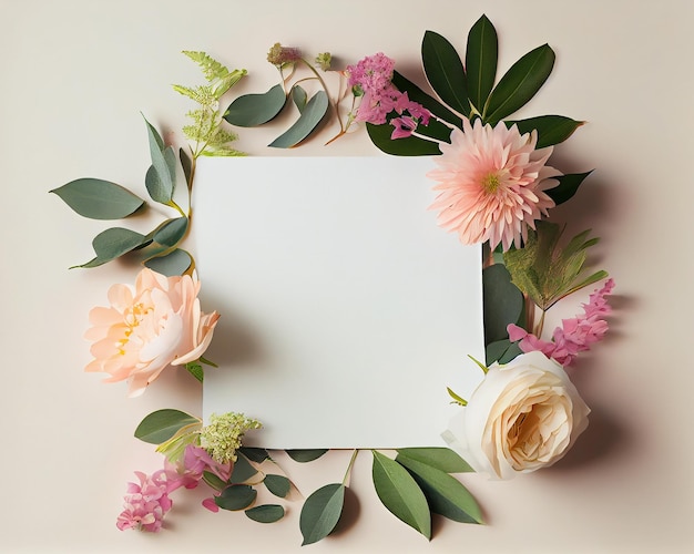 White empty frame beautiful gorgeous flowers arrangement on white background Illustration Generative AI