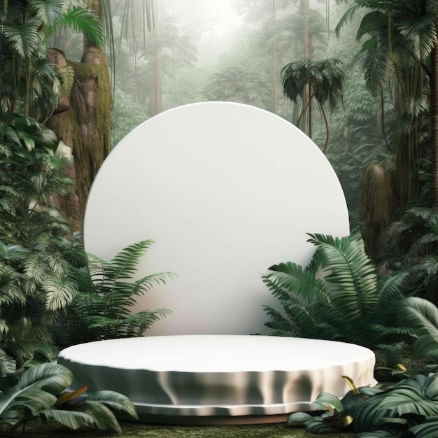 White empty podium in jungle forest Illustration AI GenerativexA