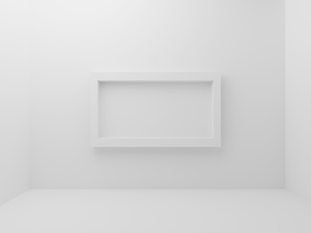 White empty room with mockup photo frame border in middle of wall background