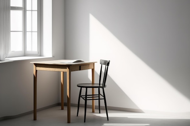 White Empty room with one window casting sunlight with simple desk and chair 3D render