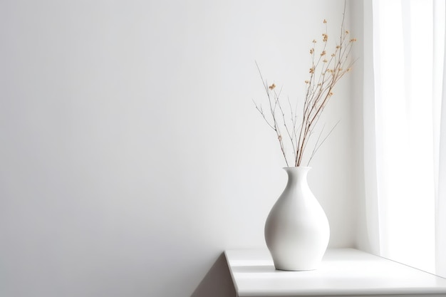 White empty room with single modern vase and single dry plant