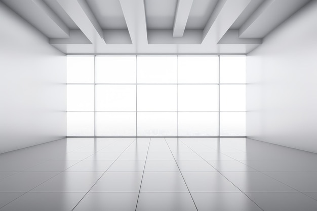 White empty room with windows and tiled floor