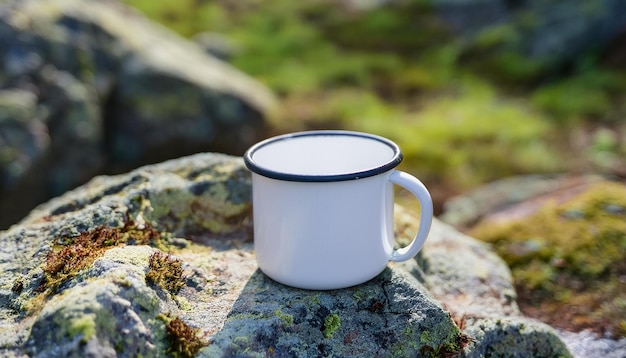 White enamel camping cup standing on rock Tasty beverage Delicious drink Morning in hiking camp