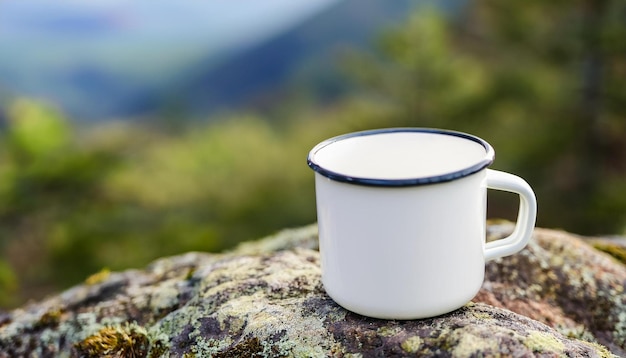 White enamel camping cup standing on rock Tasty beverage Delicious drink Morning in hiking camp