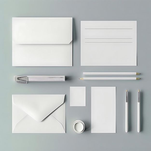 White Envelope Paper Pencil and Pen Mockup on Gray Background Illustration