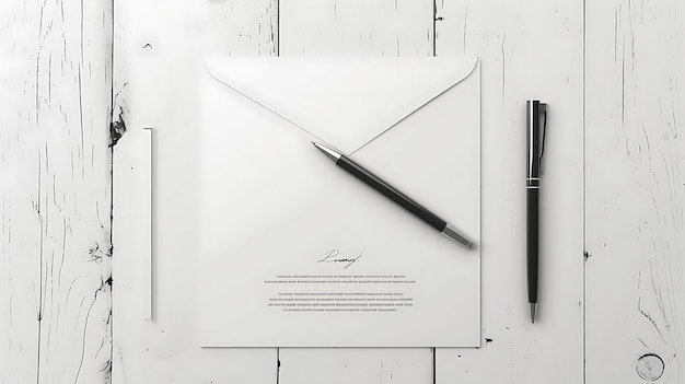 White Envelope and Pen Mockup on Wooden Table Background Realistic Image