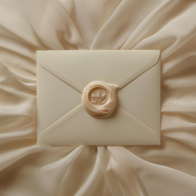 a white envelope with a gold button on it sits on a white blanket