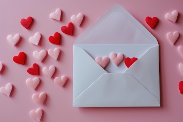 A white envelope with pink and red hearts