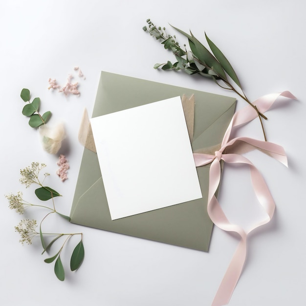 A white envelope with a pink ribbon and a pink bow is on a table with a pink ribbon.