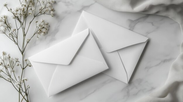 Photo white envelopes on marble surface with dried flowers minimalistic stationery concept