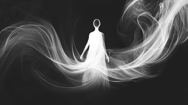 Photo a white ethereal figure stands in a swirling cloud of smoke symbolizing otherworldly presence