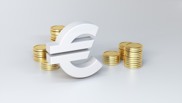 Photo white euro money symbol with stack of gold coins around on a soft gray studio background currency