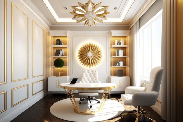 A white exclusive office room with gold accents and a white table with chairs and a gold table