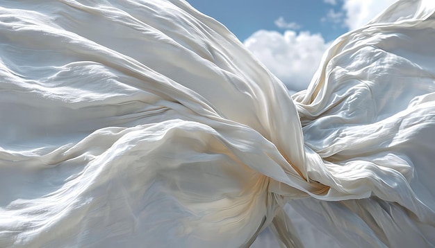 Photo white fabric flowing in the wind against a blue sky