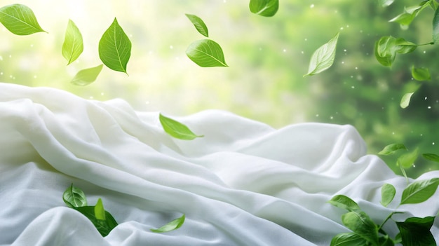 White fabric flowing with green leaves falling on it in the nature