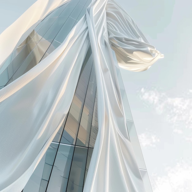 White fabric fluttering in the wind in front of a modern building