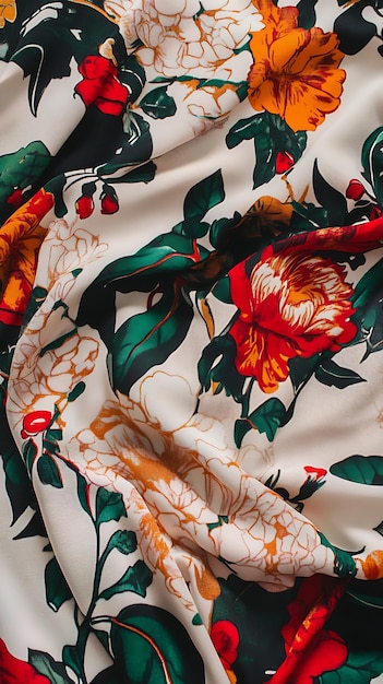 Photo white fabric with orange red and green floral print