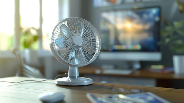 a white fan sits on a table with a blurry background