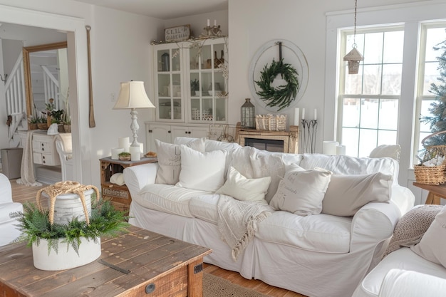 White Farmhouse Style Interior Living Room