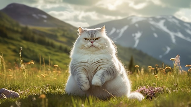 White Fat Cat Enjoying a Sunny Day Generative AI