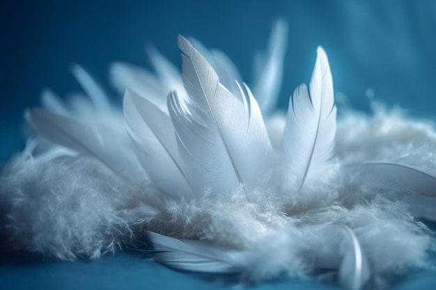 A white feather is laying on a blue background.