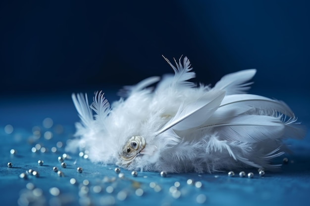 A white feather is laying on a blue surface with pearls around it.