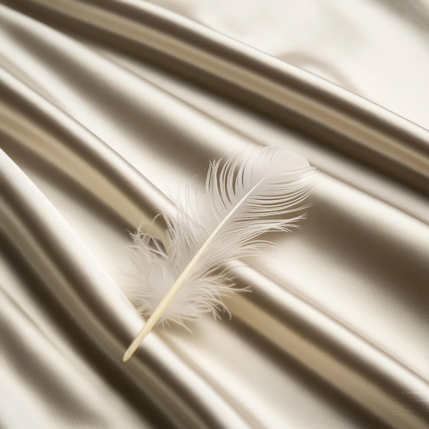 A white feather with a gold tip is shown on a white background