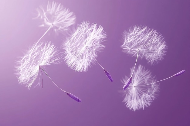 Photo white feathered dandelions are shown on a purple background