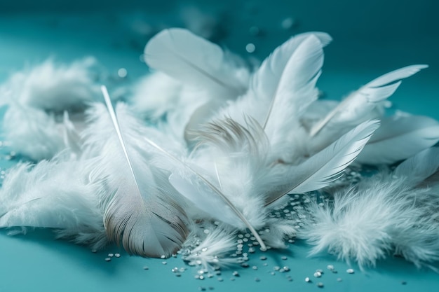 White feathers on a blue background with beads