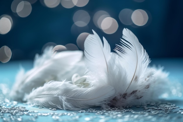 White feathers on a blue background with bokeh lights in the background