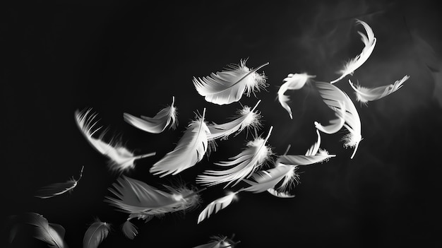 Photo white feathers falling on a black background