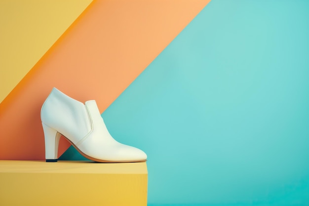 white female formal heeled boot on yellow platform against blue background with complementary colors