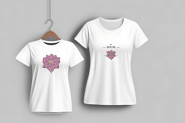 White Female TShirt Mockup Front View with Red Flower Accent on Gray Background