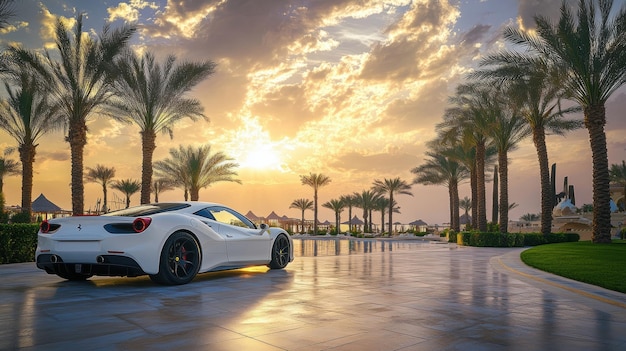 White Ferrari at Sunset