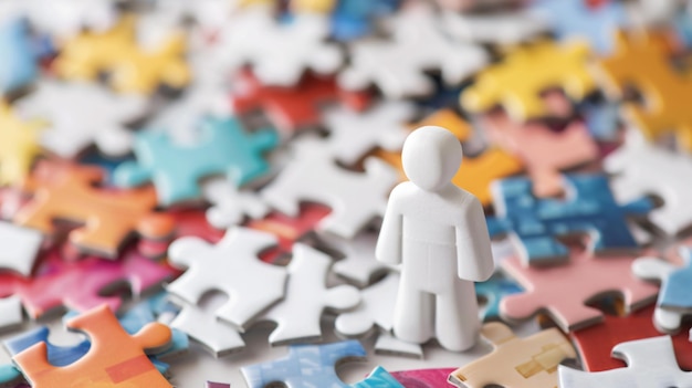 a white figure is surrounded by colorful puzzle pieces