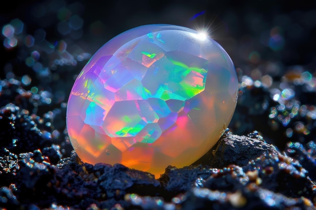 Photo a white fire opal sits atop a pile of rocks its beauty and rarity drawing attention