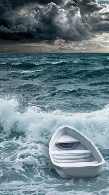 A white fishing boat navigates through rough waves with whitecaps in the foreground with a cloudy sky in the background