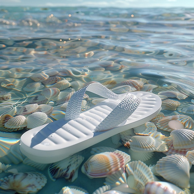 Photo a white flip flop floating in azure water among seashells