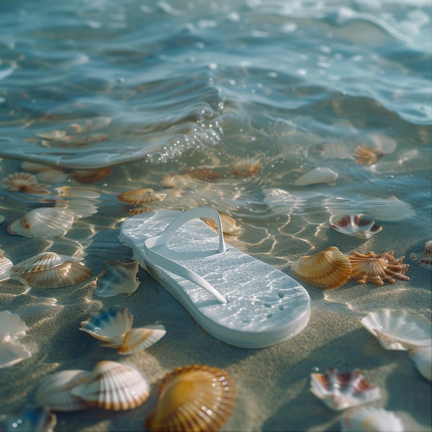 Photo a white flip flop floating in azure water among seashells