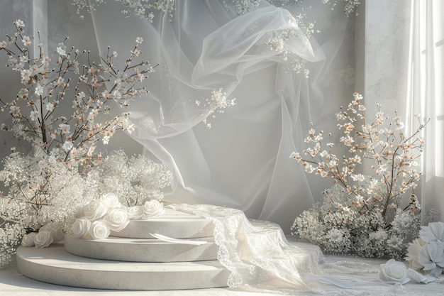 White Floral Podium With Lace Drape