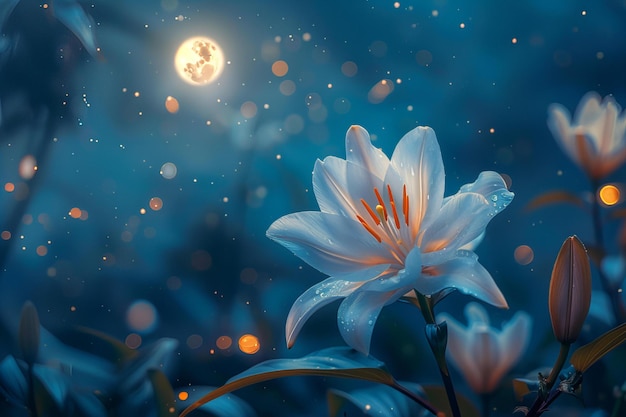 White flower amidst grass under full moon