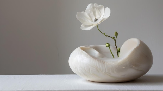 White Flower in a Carved Wooden Bowl