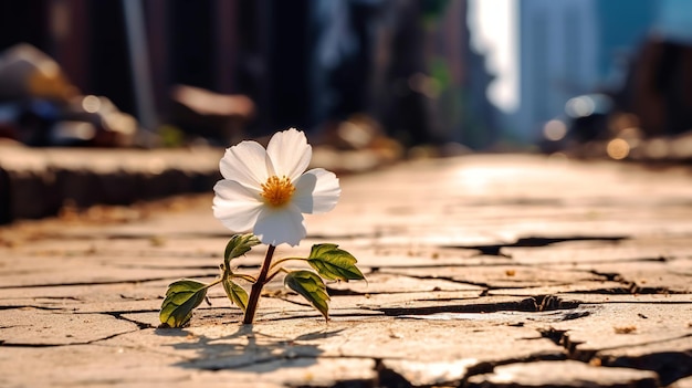 White flower on the cement floor with blurred city backgroundsoft focus