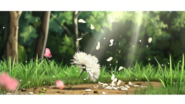 Photo a white flower dispersing seeds in a lush green forest