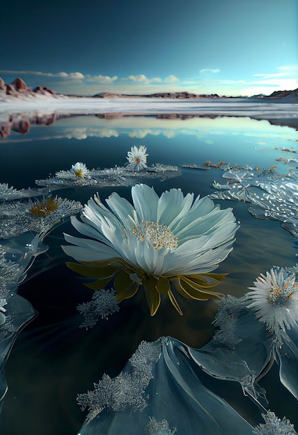 White flower floating on top of a body of water generative ai