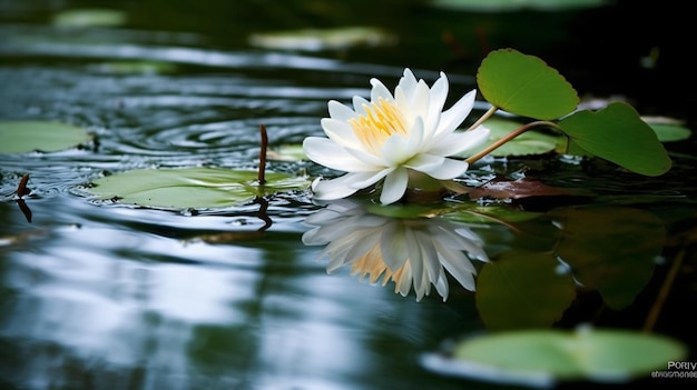 a white flower is in the water with a green leaf beh